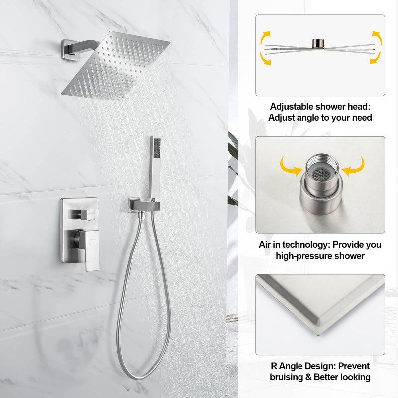 DEOLER Rain Shower System with Handheld Shower, 10 Inch Wall Mounted Shower Faucet Set Bathroom Luxury Rain Mixer Shower Combo Set Rough-in Valve and Trim Kit, Brushed Nickel - Image 2